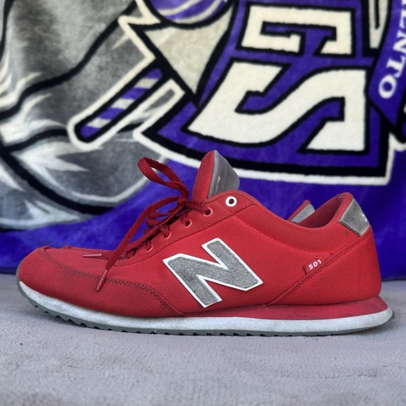 Size 14 - New Balance 501 Shoes Mens Red Gray Classic Running Sneakers MZ501POR - Picture 1 of 13